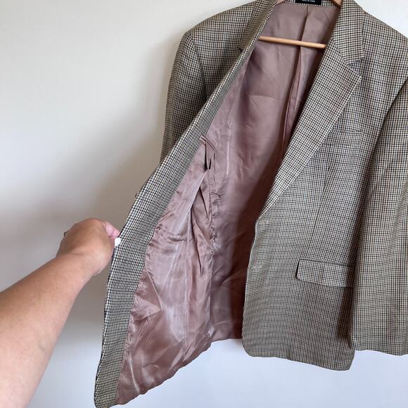 Ralph Lauren Chaps Silk Mens Blazer Size 42R Brown Houndstooth Sport Coat Jacket - Picture 3 of 8